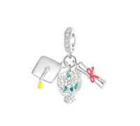 BIZK Abschlusskappe Blume Diplom Charms Anhänger Silber 925 für Armbänder, Kompatibel mit Europäischen Armbändern und Halskette für Frauen