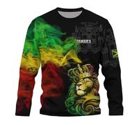 BJQ Herren Jamaika Flagge Langarm T-Shirt Jamaican Lion Print Tee Jersey Casual Rundhals Langarm Top Unisex, Schwarz, XL