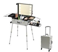 BJTDLLX 21 Zoll Kosmetikkoffer Trolley Schminkkoffer Make Up Koffer Trolley, Friseurkoffer Kosmetikorganiser Trolley Case mit 8 LED-Perlen und & Spiegel, Verstellbare Beine (Silber)