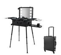 BJTDLLX Kosmetikkoffer Trolley Make Up Koffer Trolley, 21 Zoll Kosmetikkoffer Schminkkoffer mit 8 LED-Perlen und & Spiegel, Friseurkoffer Kosmetikorganiser für Schönheitssalons (Schwarz)
