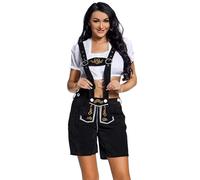 Bkazwe Trachtenhose Damen Oktoberfest Knopf mit Hosenträger, Oktoberfest Kostüm für Damen Trachtenlederhose, Kurze Trachten-Lederhose