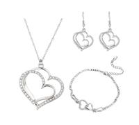 BKEPDY 3 Stück Herz Schmuckset Damen Halskette Armband Ohrringe Kristall Herzanhänger Schmuck Damenset Glänzend Silber Hochwertig Elegant