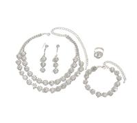 BKEPDY 4 Stück Brautschmuck Set Abend Rhinestone Schmuck Mehrreihige Halskette Ohrringe Armband Ring Set Hochzeitstag Geschenke für Braut Frauen（Weiß）