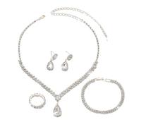 BKEPDY 4 Stück Brautschmuck Set Strass Schmuck Halskette Ohrringe Armband Ring Set Hochzeitstag Geschenke für Braut Frauen（Silber）