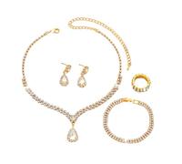 BKEPDY 4 Stück Brautschmuck Set Strass Schmuck Halskette Ohrringe Armband Ring Set Hochzeitstag Geschenke für Braut Frauen（Gold）
