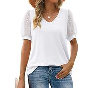 BKEPDY Damen Bluse Kurzarm Oberteile Tshirt Damen Elegant Puff-Kurzarm Tops Schweizer Punkte Chiffon Blusen Damen Sommer Bluse Tops (Weiß M)