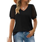 BKEPDY Damen Bluse Kurzarm Oberteile Tshirt Damen Elegant Puff-Kurzarm Tops Schweizer Punkte Chiffon Blusen Damen Sommer Bluse Tops (Schwarz L)