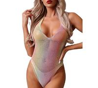 BKEPDY Damen Body Ärmellos Netz Vausschnitt Bodysuits Glitzer Einteiler Shapewear Elegant Unterziehbody Tanga Bodysuit Figurbetont Shaper Tanktop Bademode
