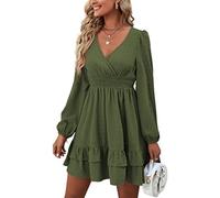 BKEPDY Damen Langarm Kleid V-Ausschnitt Wickelkleid Tunika Kleider Partykleid Sexy Casual Midikleid Elegant Rüschenkleid Kurz Festliche Hochzeit Abendkleider