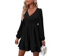 BKEPDY Damen Langarm Kleid V-Ausschnitt Wickelkleid Tunika Kleider Partykleid Sexy Casual Midikleid Elegant Rüschenkleid Kurz Festliche Hochzeit Abendkleider