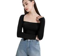 BKEPDY Damen Langarmshirt Y2K Slim Fit Oberteile Rundhals Stretch Langarm Oberteile Tshirts Casual Basic Crop Tops Bluse Damen Mädchen Streetwear