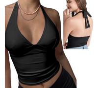 BKEPDY Damen Neckholder Ärmellose Tank Tops V Ausschnitt Sexy Rückenfrei Oberteil mit Falten Sommer Ärmellose Schulterfreies Y2k Crop Tops für Frauen