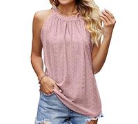 BKEPDY Damen Neckholder Sommer Spaghetti Tops Ärmellose Tank Tops Racerback Rundhals Basic Slim Fit Shirts Elegant Oberteile Ribbed Knit Cami Top Sexy (Rosa XL)