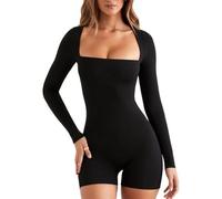 BKEPDY Jumpsuit Damen Lange Ärmel Sexy One Piece Bodysuit Bodycon Top Yoga Bodysuit Trainingsanzug Einteiler Overall Kuschelig Elegant Bodycon Gym Wear One Piece Body (Schwarz L)