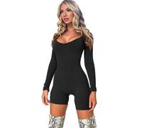 BKEPDY Jumpsuit Langarm Kurz Damen U-Ausschnitt Playsuits Lang Eng Sport Yoga Bodysuit Bodycon Strampler Sportkleidung Hosenanzug Trainingsanzug Stretch Overall Schwarz