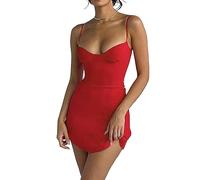 BKEPDY Kurz Sommerkleid Damen Sexy Spaghettiträger Rückenfrei Bodycon Ärmelloses Partykleid Faszinierend (Rot S)