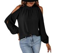 BKEPDY Langarmshirts für Damen Lose Damen Bluse Chiffon Plissee Laternenärmel Langarm Elegant Oberteile Locker Lose Einfarbig Tunika Rundhalls Tops
