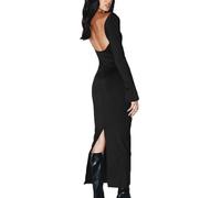BKEPDY Missufe Damen Langarm Freizeitkleid Bodycon Enges Bleistiftkleid Figurbetontes Knielanges T Shirt Kleider Split Lange Maxikleid (Schwarz M)