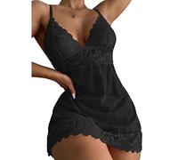 BKEPDY Negligee Damen Sexy Nachthemd mit Spitze Träger Nachtwäsche Vausschnitt Schlafkleid Nachtkleid Sleepwear Netzstoff Bodysuit Nachtwäsche Outfit für Hochzeit Flitterwochen