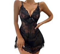 BKEPDY Negligee Damen Sexy Nachthemd Spitze Träger Transparent Netzstoff Schlafkleidung Nachtkleid Nachtwäsche Spitzenbesatz Schleife Verziert Schlafanzug Nachtmode