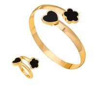 BKEPDY Schmuckset Damen Armreif Ring Vierblättriges Kleeblatt Herz Design Schmucksets für Jewelry Set Armband Fingerring Hochwertig Verstellbar Schmuck Damen Geschenk (Schwarz)