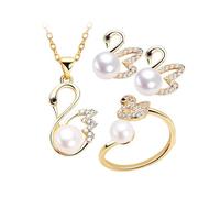 BKEPDY Schmuckset Damen Schwan Kette Armband Ring Halskette 3 Stück Imitationsperlen Zubehör für Freundin Mutter Tochter Geschenk
