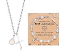 BKEPDY Schmuckset Erste Kommunion Kreuz Armband Halskette Schmuck Set Perlen Kommunionsgeschenk Taufe Konfirmation Gebetskette Glaubensschmuck für Kinder Mädchen Jungen