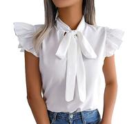 BKEPDY Shirts Damen Sommer Schleife Bluse Kurzarm Tshirt Basic T Shirt Elegant Oberteile Rüschenärmel Casual Shirt Locker Blusentop Schick Alltagskleidung Büro Outfit