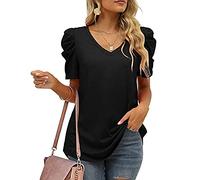 BKEPDY Shirts Damen Sommer Vausschnitt Puffärmel Tshirt Basic T Shirt Kurzarm Oberteile Casual Locker Shirt Freizeit Bluse Longshirt Elegant Oberteil Frühling