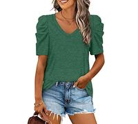 BKEPDY Shirts Damen Sommer Vausschnitt Puffärmel Tshirt Basic T Shirt Kurzarm Oberteile Casual Locker Shirt Freizeit Bluse Longshirt Elegant Oberteil Frühling