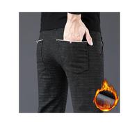 (black, Asia 31) Men's Clothing Autumn Winter Warm Men's Slim Elasticity Straight Pants Thick Imitation Cotton Linen Brushed Business