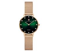 BLACK BY BLUE BRAVE Trendige grüne Damenuhr für Damen, 12 echte Diamant-Uhrenmarkierungen, 28 mm, Uhren für Damen, grünes Sonnenstrahl-Zifferblatt mit rotgoldenem Netzband, Grün , 28mm, Japanisch