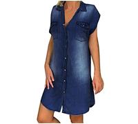 Black Friday Angebote 2024 Damen Jeanskleid Sommer Kurze Ärmel Button Down Gestaffelt Denim Kleid, Jeanskleid Blusenkleid Damen Sommer Lang Jeans Kleid für Damen Strandkleid Damen Knielang
