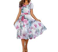 Black Friday Angebote 2024 Damen Sommer Elegant V-Ausschnitt Kurzarm Sommerkleid,Vintage Farbschreibweise Blumen Print, Langes Kleid mit Ärmeln Gerafftes Kleid Angebote des Tages Heute