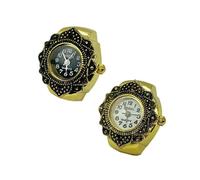 (Black, pack-2) Vintage Ring Watch Silver Adjustable Finger Watch for Women Men Unique Retro Quartz Gift