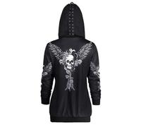 Black Sugar Kapuzen-Sweatshirt, Top Jacke, Gothic, Skelett, Totenkopf, Punk, Rock, Emo Biker Flügel Engel Schädel, Schnürung, Zwischensaison, Schwarz , XXL Taille courte