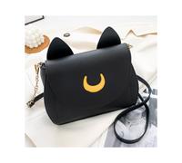(Black) Summer Sailor Moon Ladies Handbag Black Luna Cat Shape Chain Shoulder Bag PU Leather Women Messenger Crossbody Small Bag Purses