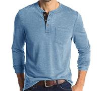 Black W eals Herren T-Shirts Herren Baumwolle Langarm Top Klassische Casual Shirt Tops für Männer Kragenlose Opa T-Shirt Golf Shirts Slim Fit Baumwolle T-Shirt mit Tasche Büro Hellblau