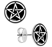 BlackAmazement 2er Set 316L Edelstahl Ohrstecker Ohrringe Pentagramm Stern Fünfstern Drudenfuß Pentakel schwarz weiß Gothic Biker Herren Damen (10mm)