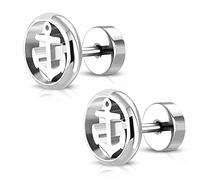 BlackAmazement 2er Set 316L Edelstahl Ohrstecker Stecker Studs Fake Plug Anker Circle Marine Silber schwarz Herren Damen (Silber)