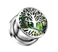 BlackAmazement 316 Edelstahl Ohr Flesh Tunnel Plug Inlay Piercing Baum des Lebens Lebensbaum silber grün Damen Herren (Ø 10mm - 1 Stück)