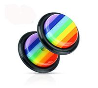 BlackAmazement 316L Edelstahl Fake Plug Piercing Ohrstecker Regenbogen Streifen Pride Rainbow Stripes Mehrfarbig Herren Damen