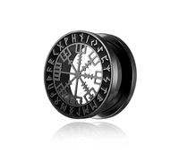 BlackAmazement 316L Edelstahl Flesh Ohr Tunnel Plug Piercing Vegvisir Aegishjalmur Aegishjalmr Wikinger Symbol Schreckenshelm Runen Kreis schwarz silber Biker Herren (Farbe Schwarz - Ø 10mm - 1 Stück)