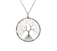 BlackAmazement Anhänger mit 2X Halskette Baum des Lebens Lebensbaum Tree of Life Naturstein Quarz Silber lila grün gelb klar rot blau Damen (Kreisform mit klarem Quarz)