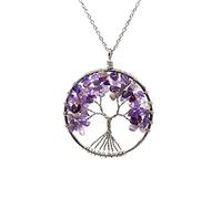 BlackAmazement Anhänger mit 2X Halskette Baum des Lebens Lebensbaum Tree of Life Naturstein Quarz Silber lila grün gelb klar rot blau Damen (Kreisform mit Amethyst)