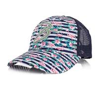 Blackskies® Tropical Flamingo Trucker Cap | Herren Damen Schirm Premium Snapback Trucker Mütze Floral Basecap Kappe Blau-Weiß Gestreift