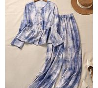 Blau Batik-Muster 2-teiliges Set, künstlerisch gemustertes Top und Relaxed-Fit Hose, lässiger und pendlerfreundlicher Outfit für Frühling/Sommer