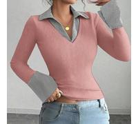 Blau gestreifter Muster Kontrast Damen einfaches V-Ausschnitt Polokragen Stretch Basis Slim Top Damen Lässig Club Business Lässig Konzert Outfit Büroo