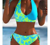Blau & Grün Tropischer Blume Muster Bikini 2-teiliges Set, Damen verstellbarer Neckholder Zweiteiler Badeanzug, figurformender Badeanzug für Strand un