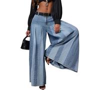 ,Blau,L,Damen Hohe Taille Patch Streifen Vorderseite Falten Oversized Weites Bein Jeans Hosen Trendige Lockere Weite Kurvige Jeans